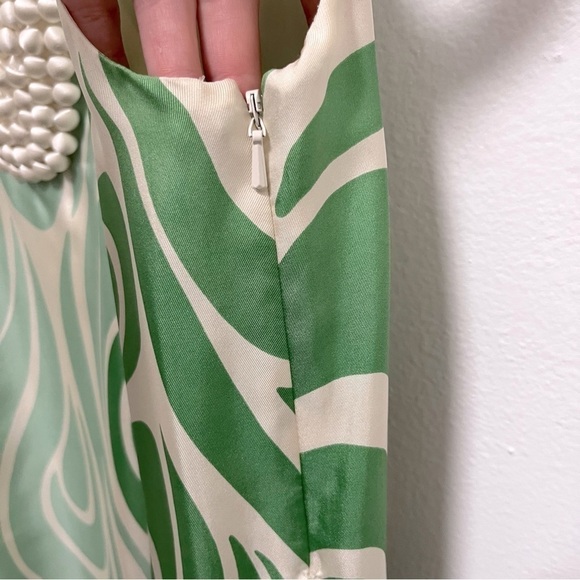 VINTAGE 100% Silk Green Cream Mid Century Style Shift Dress Size 8 - Picture 8 of 11